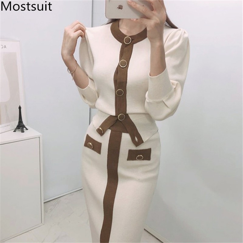 

Autumn Korean Knitted Color-blocked Two Piece Sets Women Long Sleeve Cardigan + Elastic Waist Skirt Suits Outfits 210518, Black
