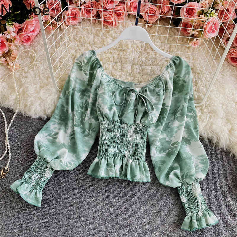 Neploe Spring Shirt Slim Waist Sweet Floral Blouses Women Square Collar Ruffles Pleated Crop Tops Flare Sleeve Chic Blouse 4H006 210422