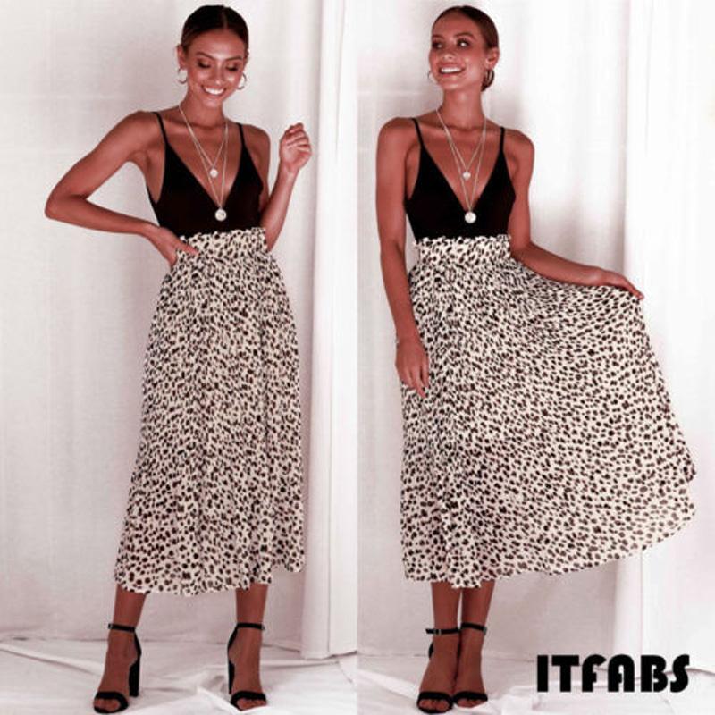 

Skirts Women Summer Long Skirt Leopard Print High Waist Pleated Beach Boho Maxi, Multi