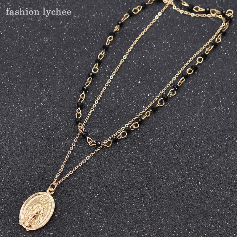 

Pendant Necklaces Fashion Lychee Design Multi Layered Link Chain Metal Virgin Mary Necklace For Women Unique 2021 Jewelry