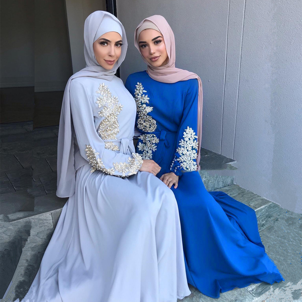 

Vintage Muslim Beading Abaya Women Dress Lace-up Ramadan Eid Moroccan Kaftan Musulman Islamic Clothing Party Night Club Vestidos