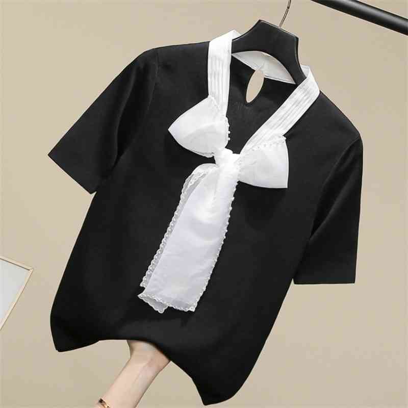

VANOVICH Summer Women's Knit Pullovers Solid Color Fashion Casual Ladies V-neck Bow Short-sleeved Tops 210615, White