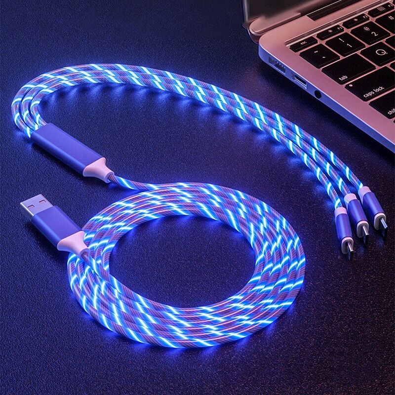 

3 in 1 Fast Charger LED Flowing Light Type C Cables Quick Charging Line 2A Micro USB Cable Chargers Cord 110cm, Mixed color