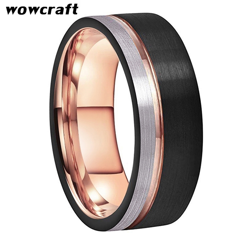 

8mm Tungsten Men's Rings Black and Rose Gold Wedding Engagement Band Brushed Finish Fashion Jewelry Grooved Ring Sizes 5 to 15 220216
