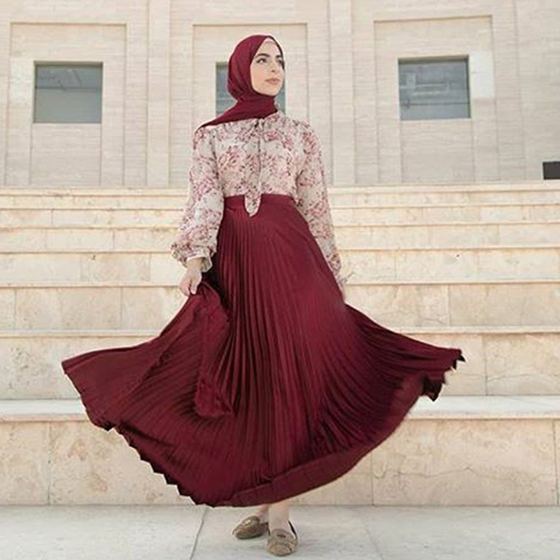 

High Waist Pleated Skirt Women New Chic Arab Dubai Ankel-length Long Wrinkle Skirts Solid Color Muslim Islamic Clothing Musulman