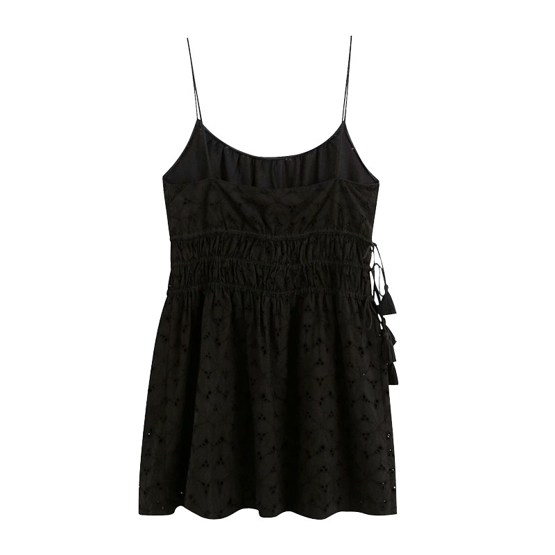 

Women Chic Fashion Openwork Embroidery Mini Dress Vintage Side Bow Lace-up Straps Dresses Female Vestidos 210520, As picture