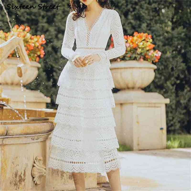 

Autumn White Lace Dresses Woman V-neck Runway Design Elegant Party Clothing High Waist Luxury Maxi Female 210603, Brown