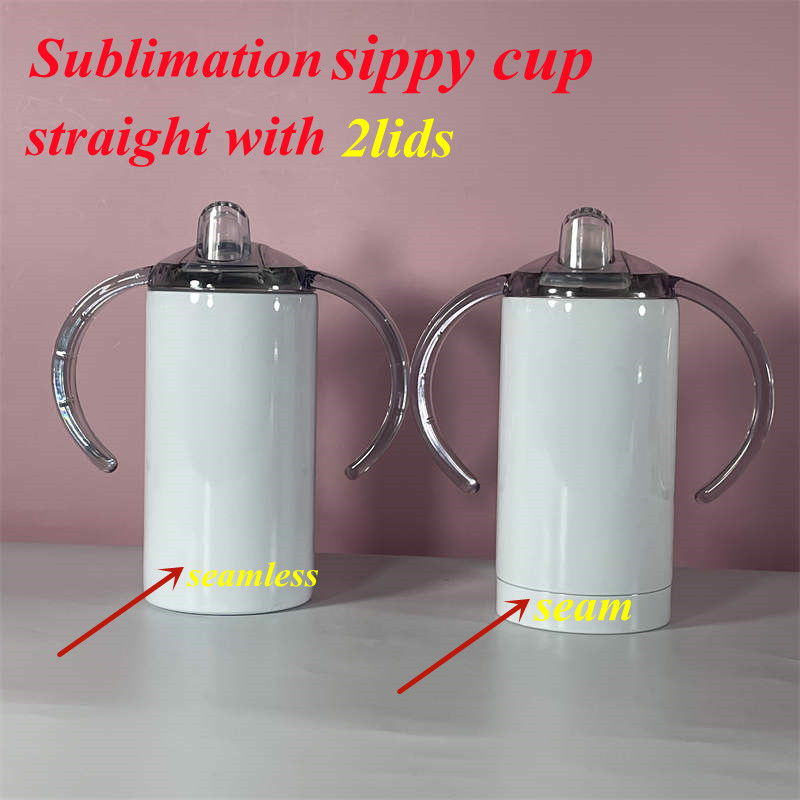 

sublimation 12oz straight sippy cup new kids tumbler with TWO LIDS watter bottle stainless steel kid cups, White