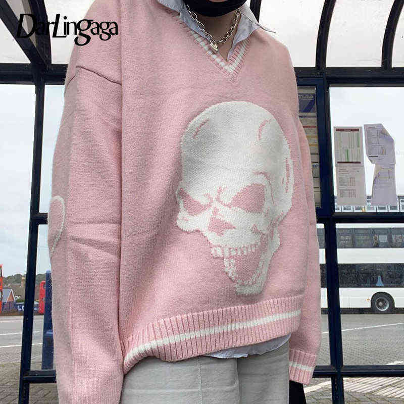 

Darlingaga Gothic Skull Print Autumn Winter Woman Sweaters Y2K Fashion Loose Pullover Harajuku Knitted Sweater Ladies Pull Femme Y1110, Skeleton-blue-tank