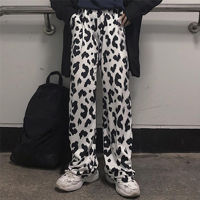 

summer wide leg cow womens capris pattern printed casual high waist draper female fashion loose trousers, Black;white