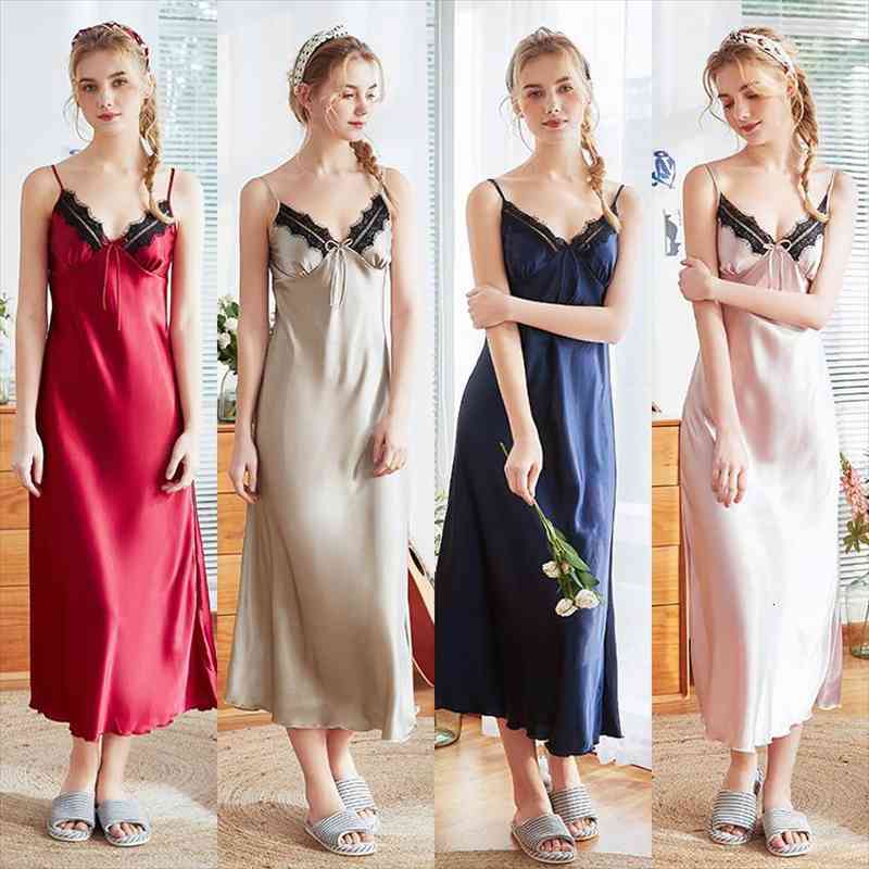 

"women Long Sexy Lace Nightwear Silk Satin Sleepwear Sleeveless Sleepshirts Nightdress Summer Lingerie Night Wear Navy Dress Gow, Black;red