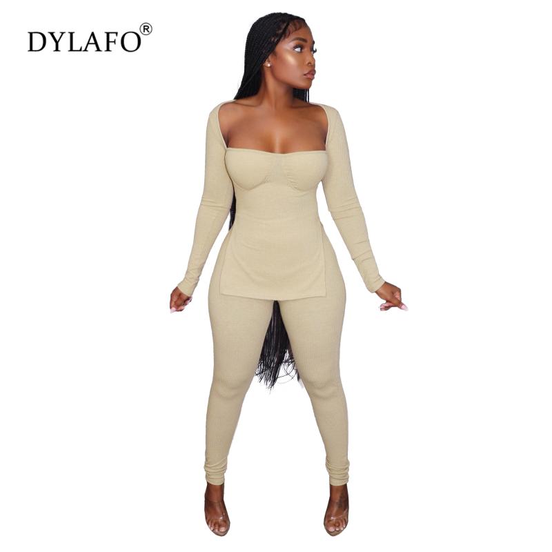 

Women's Two Piece Pants Sexy Sets Jumpsuits Square Neck Long Sleeve Top Bodysuit Casual Overalls Knit Bodycon Rompers Womens Jumpsuit, White