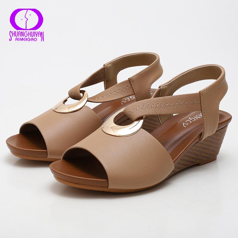 

Sandals Summer Wedge Roman Women 2021 Pee Toes Mid Heels Metal Decoration Elastic Band PU Leather Slip On Beach, Black