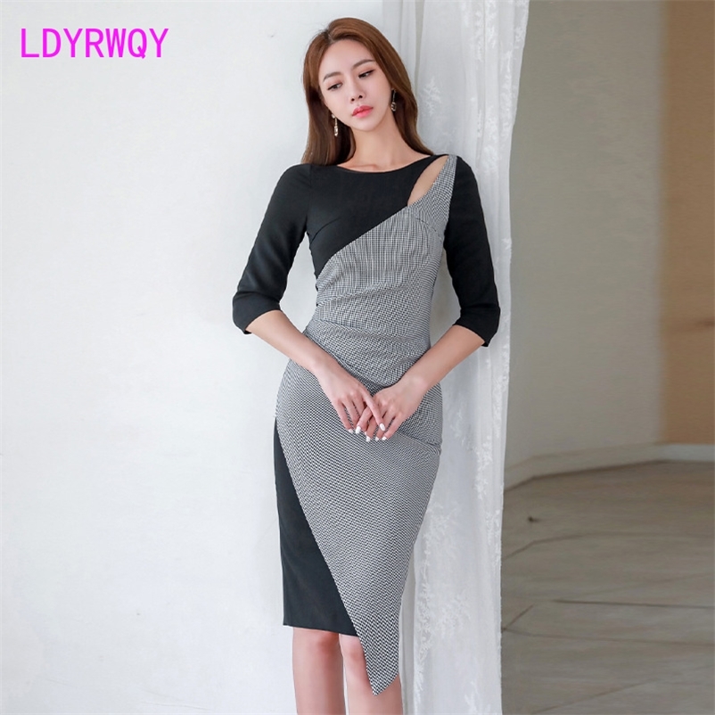 

Women's dress autumn/winter famous temperament round-necked thousand bird-shaped body-dressing bag hips irregular 210603, Picture color
