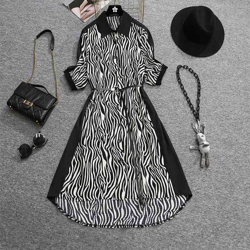 

Plus size Women's Summer Dress Temperament Lapel Zebra stripes Patchwork Short Chiffon Shirt With belt Vestidos 210525, Black