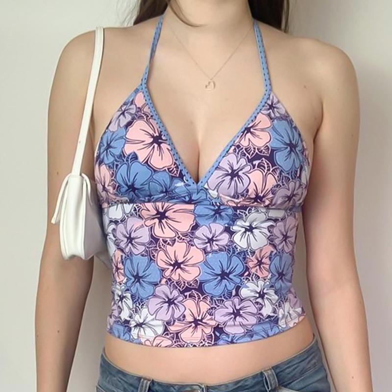 

Women's Tanks & Camis Women Sexy Halter Female Summer V-Neck Vest Floral Printed Pattern Sleeveless Crop Tops Blue, White