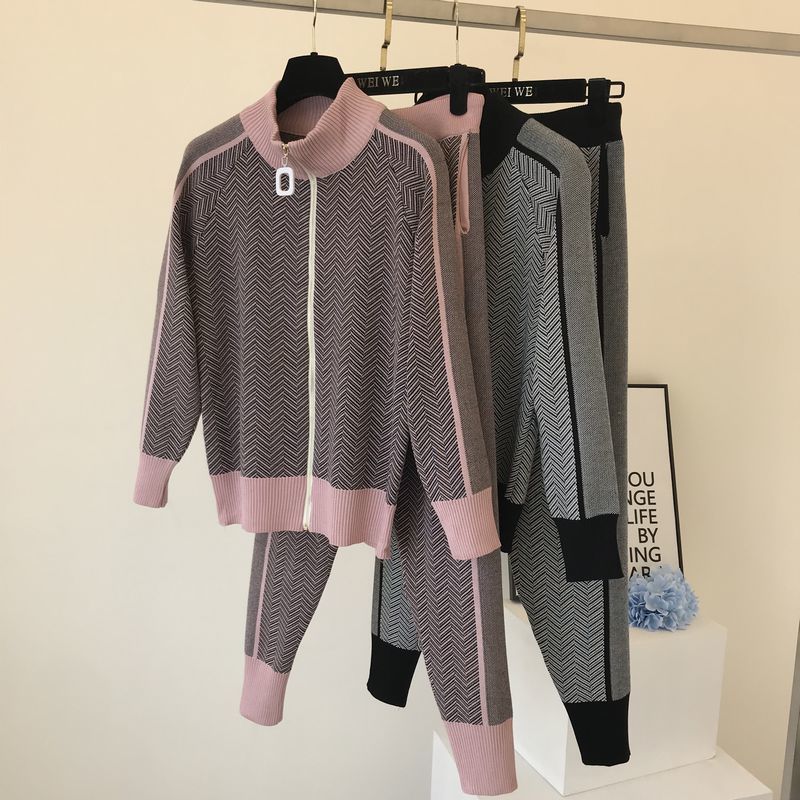 

fashion Autumn Winter 2 Piece Set Knitted Tracksuit Turtleneck Zipper Jacket Sweater Coat+Pencil Pant Suit Female Cloth 210518, Picture color