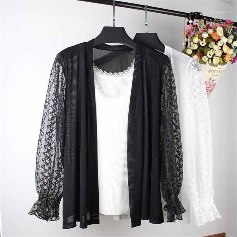

Women's Jackets Mesh Shawl Female Summer Thin Cardigan Lace Patchwork Long Sleeve Short Section Shirt Jacket Women Outer Drape Blouse Tops K, Black