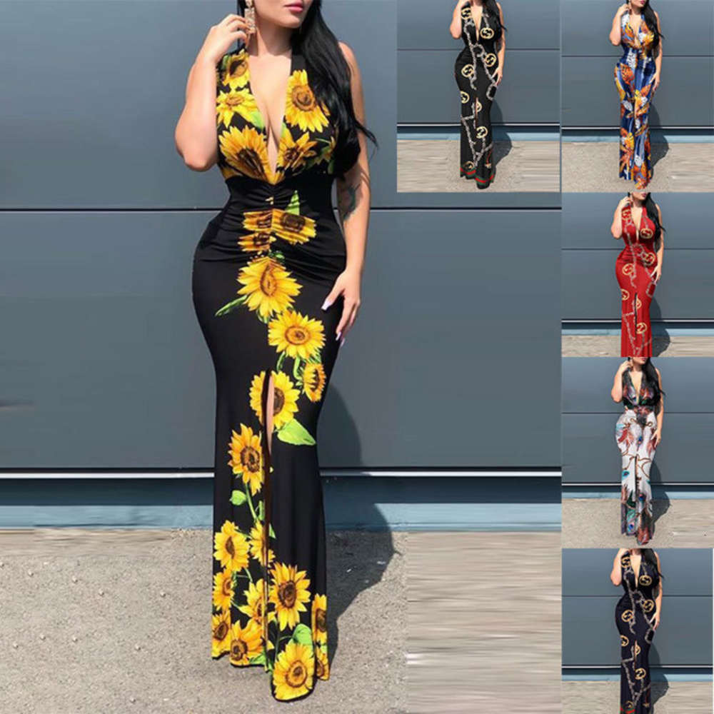 

Casual Dresses sexy fashion sleevels V-neck print multi-piece drs, Black chain