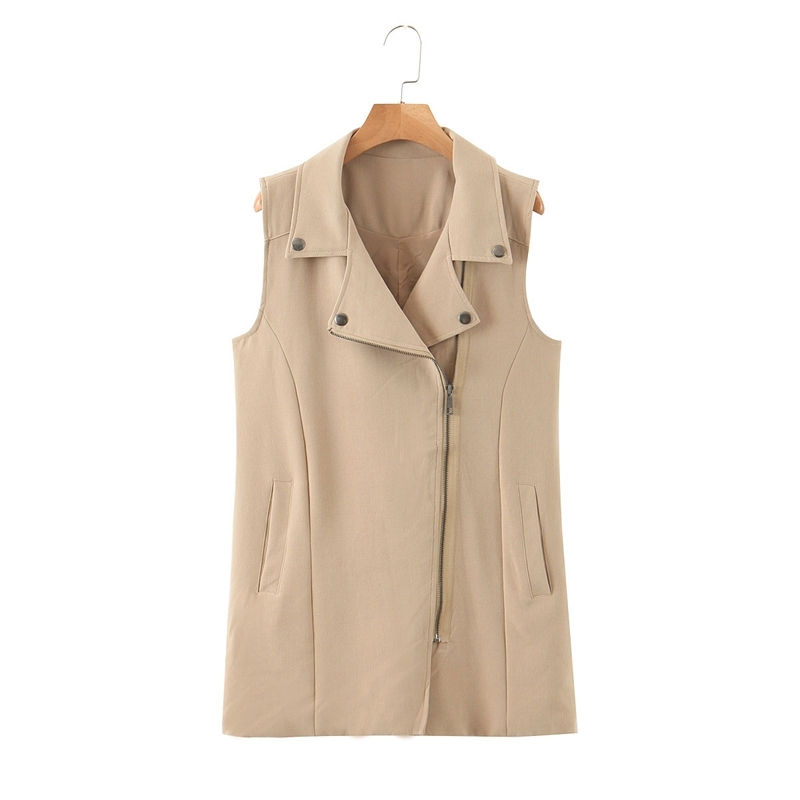 

Women Casual Waistcoat Zipper Turn Down Collar Office Vest Outwear Autumn Spring Sleeveless XZ2560 210525, Khaki