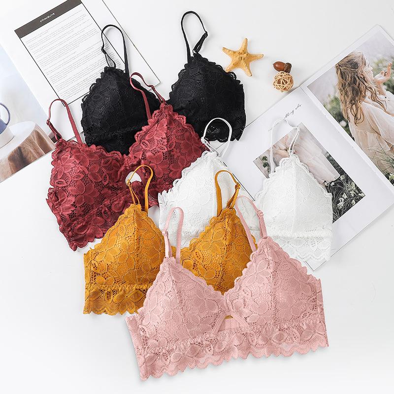 

Linbaiway French Style Women Lace Bras No Steel Ring Beauty Back Bralette Deep V Triangle Cup Brassiere Sexy Padded Underwear, Black