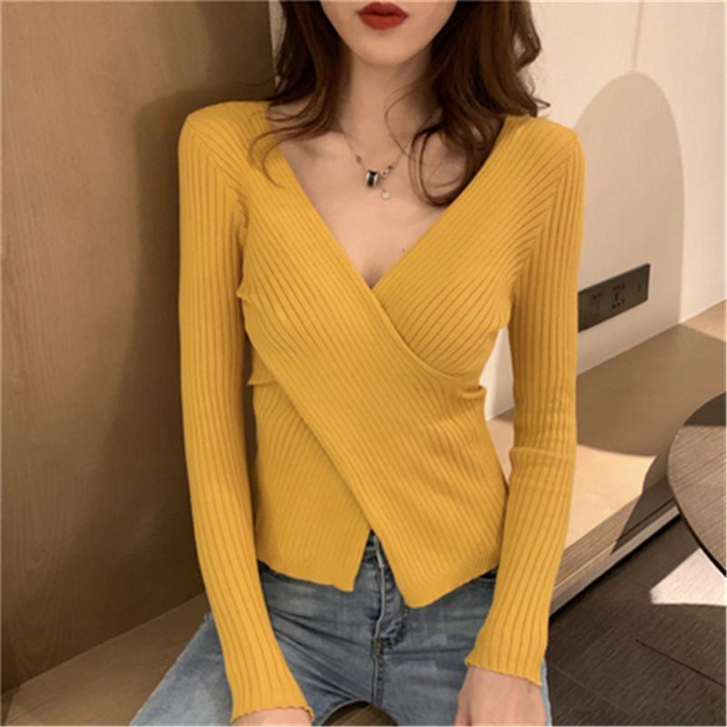 

Women's Sweaters Korean Fashion 2022 Girls Knitted Full Sleeve Sweater Pullover Sexy Autumn Crossed Deep V-neck Jumpers Tops, White;black