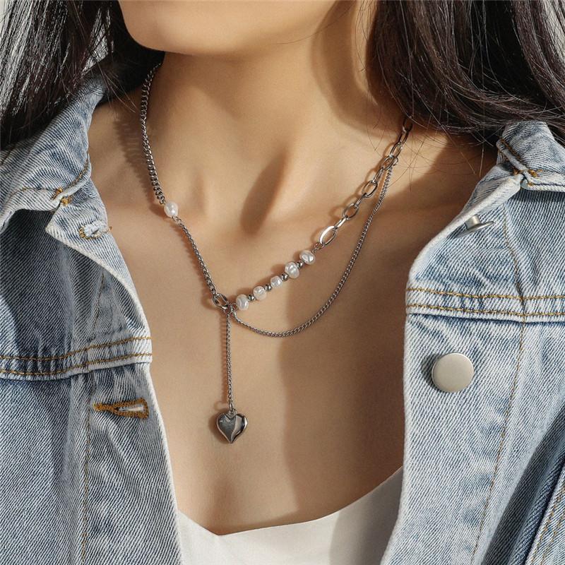 

Pendant Necklaces Ins Love Heart Necklace Pearl Charms Cuban Chain Women Double Layered Stainless Steel Jewelry, Silver