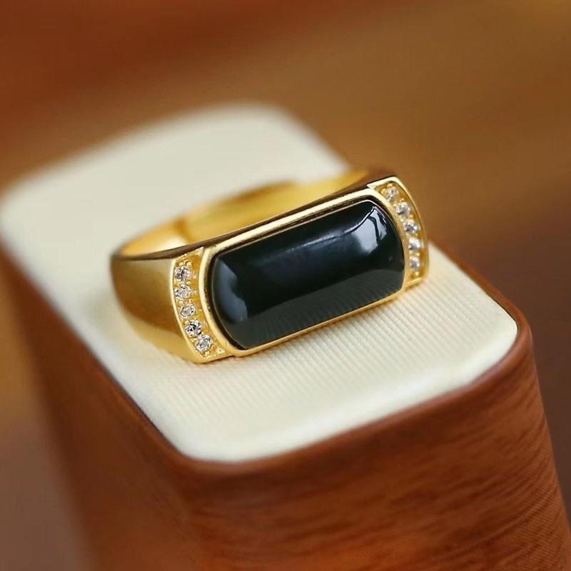 

Luxury Gold Color Wedding Ring Male Female Retro Black Stone Opening Rings For Women Men Vintage Geometry Zircon Engagement
