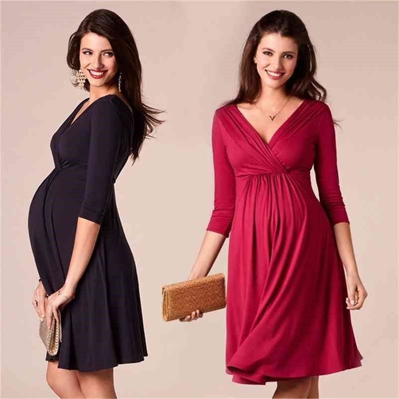 

Breastfeeding Dresses Maternity Clothes for Pregnant Women Clothing Solid V-neck Pregnancy Mother Wear Evening Dress 210721, Red