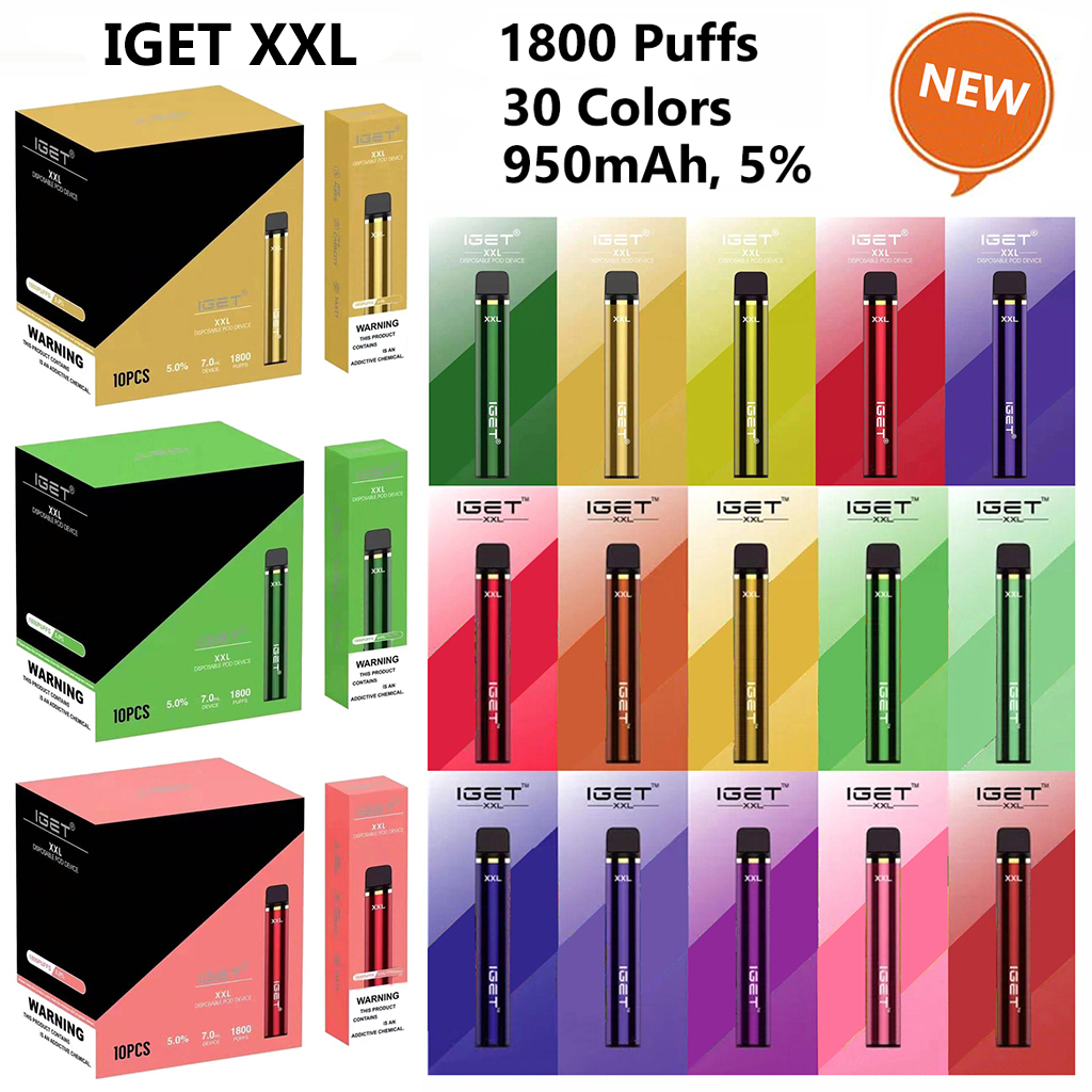 

Original IGET XXL Disposable E Cigarette 1800Puffs Vape Pen 7ml 950mAh Stick Device Closed ECIG System 5% Vapor Starter Kit 30 Colors 100% AUTHENTIC