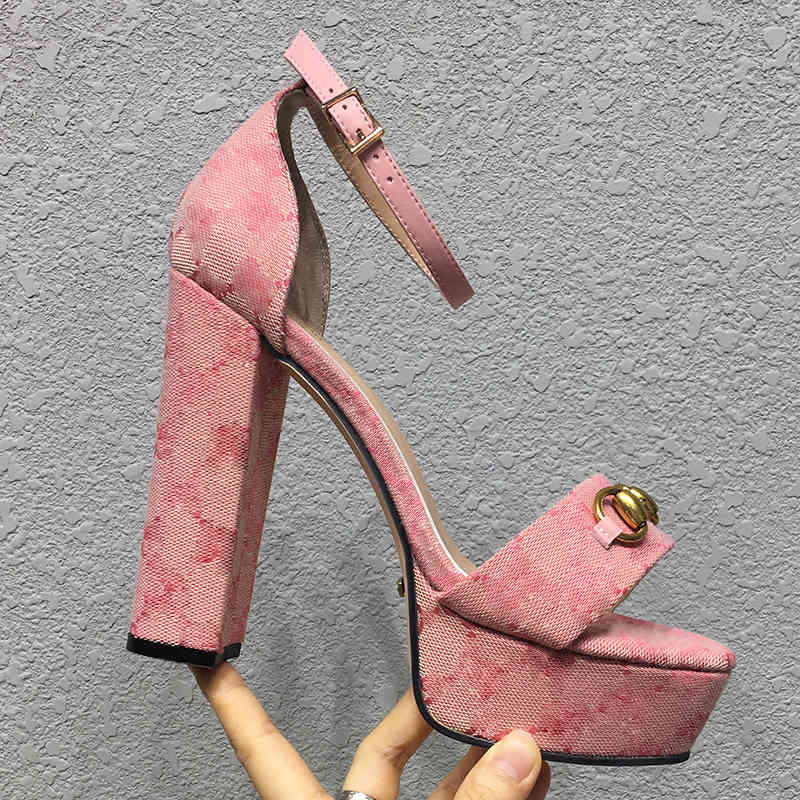 

quality summer High womens heeled sandals Fashion Buckle Strap printing Cloth Platform Slides chunky Heel Shoe genuine leather women Shoes, Black