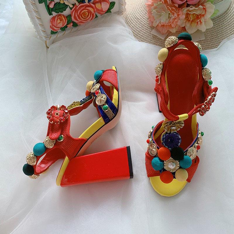 

Colorful Pom-pom Embellished High Heel Sandals Bohemian Shoes Women, Black