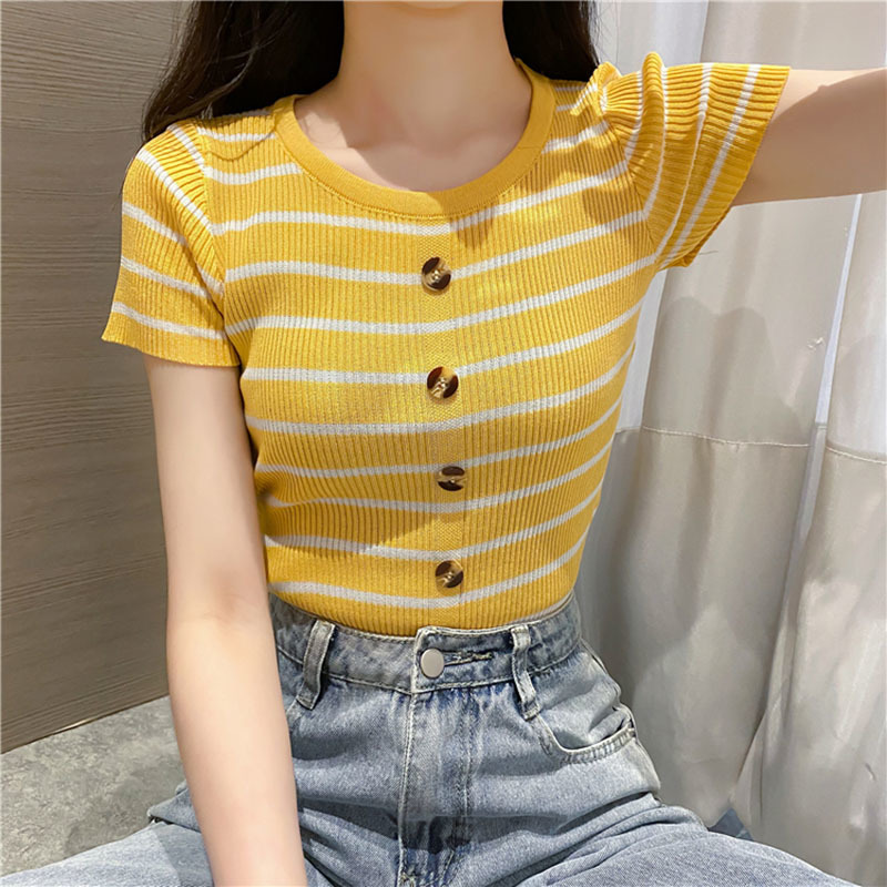 

Lucyever Summer Slim Fit Elastic Striped Knitted Shirt Women Casual Short Sleeve O-neck T-shirt Woman Wild Button Knit Tops 210521, Yellow