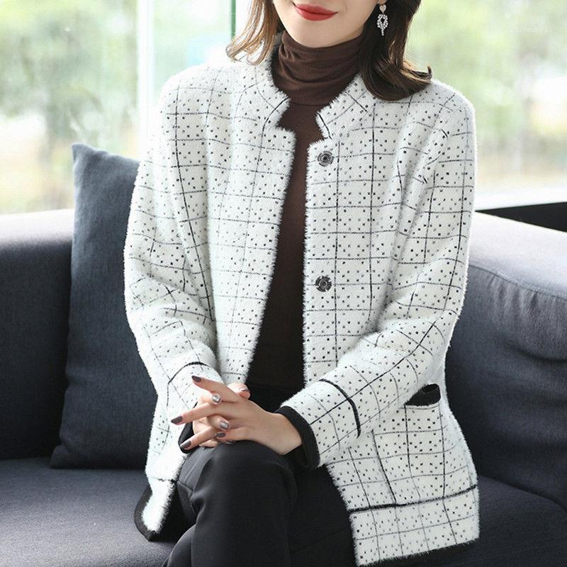 

Elegant Plaid Print Soft Imitation Mink Velvet Jacket Women Korean Long Sleeve Button Coats Casual Sweater Knit Cardigan Outwear Women's Jac, Black