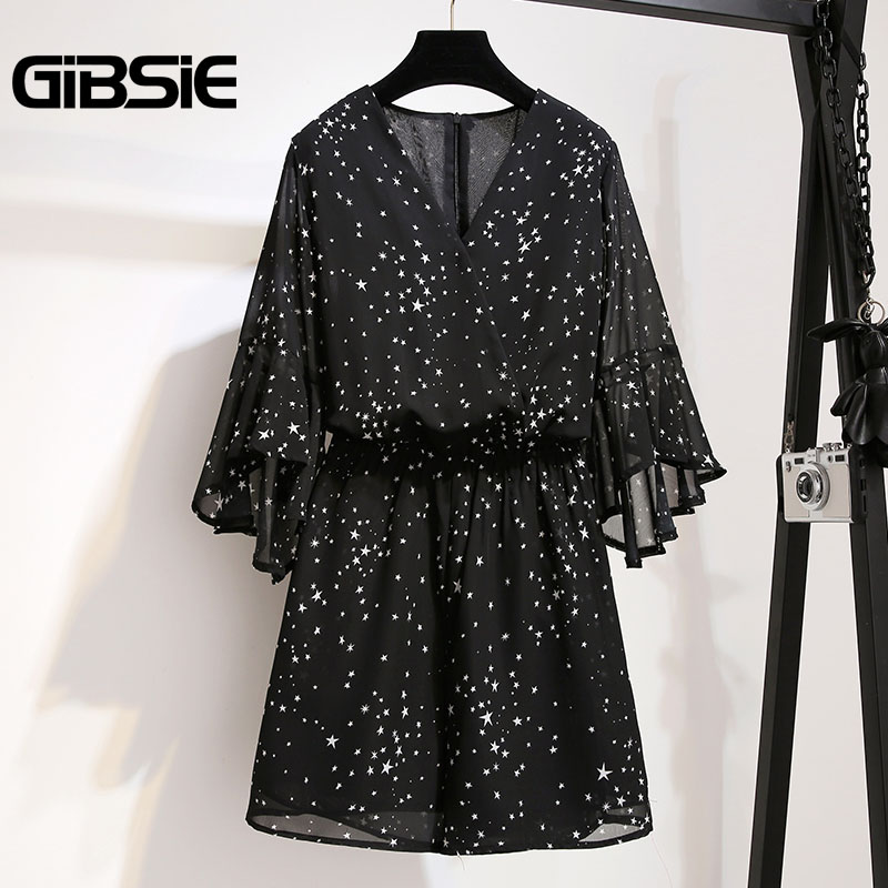 

GIBSIE Plus Size Women Clothing High Waist Chiffon Print Romper Jumpsuit 5XL 4XL Summer Women V-neck Half Sleeve Beach Playsuit, Black