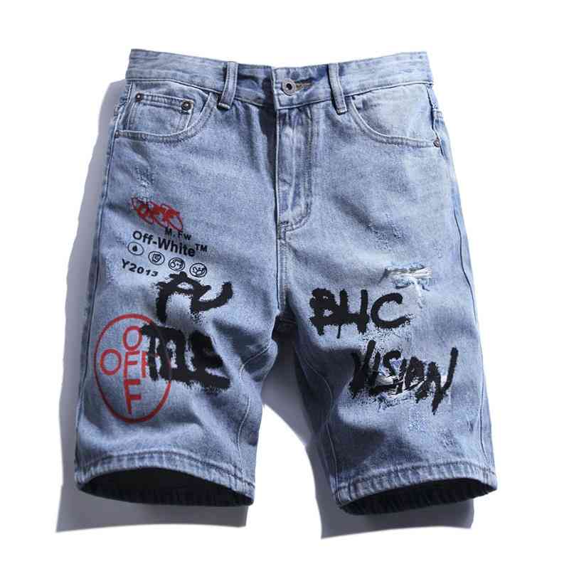 

Summer New Unisex high quality ow fashion brand sketch graffiti letter wear out denim shorts, Blue