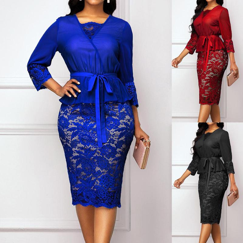 

Casual Dresses Elegant Women 3/4 Sleeve Lace Patchwork Belt Bodycon Knee-length Pencil Dress Woman Clothing, Black;gray