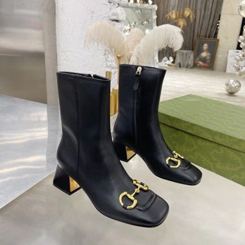

2021 new g horsebit buckle square toe Martin boots side zipper mid-barrel bare boots leg-repairing wild delicate thin boots mkjjj002, Black
