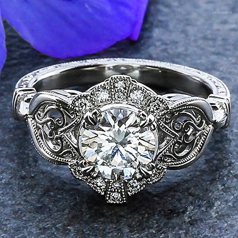 

Wedding Rings Classic Female Crystal Round Ring Dainty Silver Color Flower Engagement Charm White Zircon Stone For Women, Slivery;golden