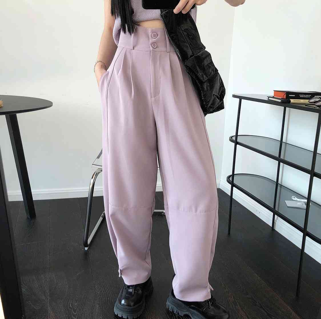 

Women' Pants & Capris Summer Long High Waist Casual Trousers Loose Button Cargo Pantalon Femme Streetwear Quality Y5NS, Purple
