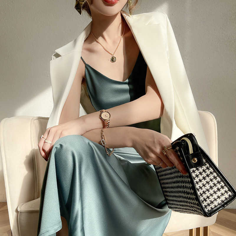 Suspender Women&#039;s Summer Acetic Acid Satin Silk Skirt with Long Sexy French Spring Drs-image-702228370