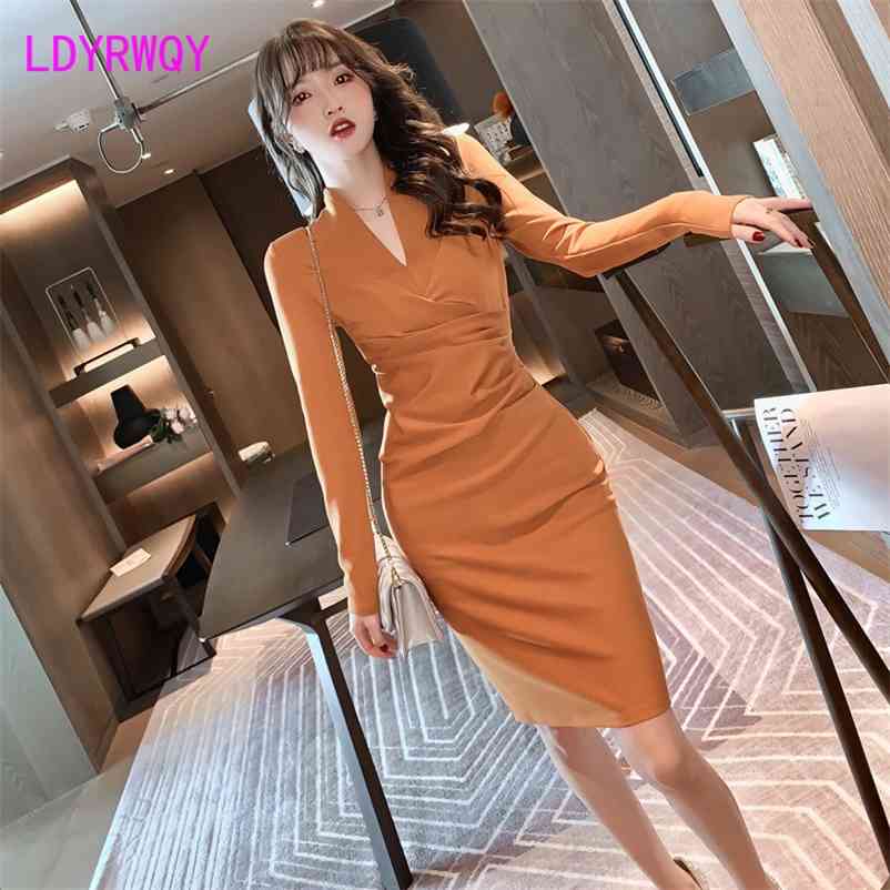 

Spring Women's Wear Temperament Fold Covering Meat Wrap Long-sleeved Dress Office Lady Polyester Zippers 210603, Yellow