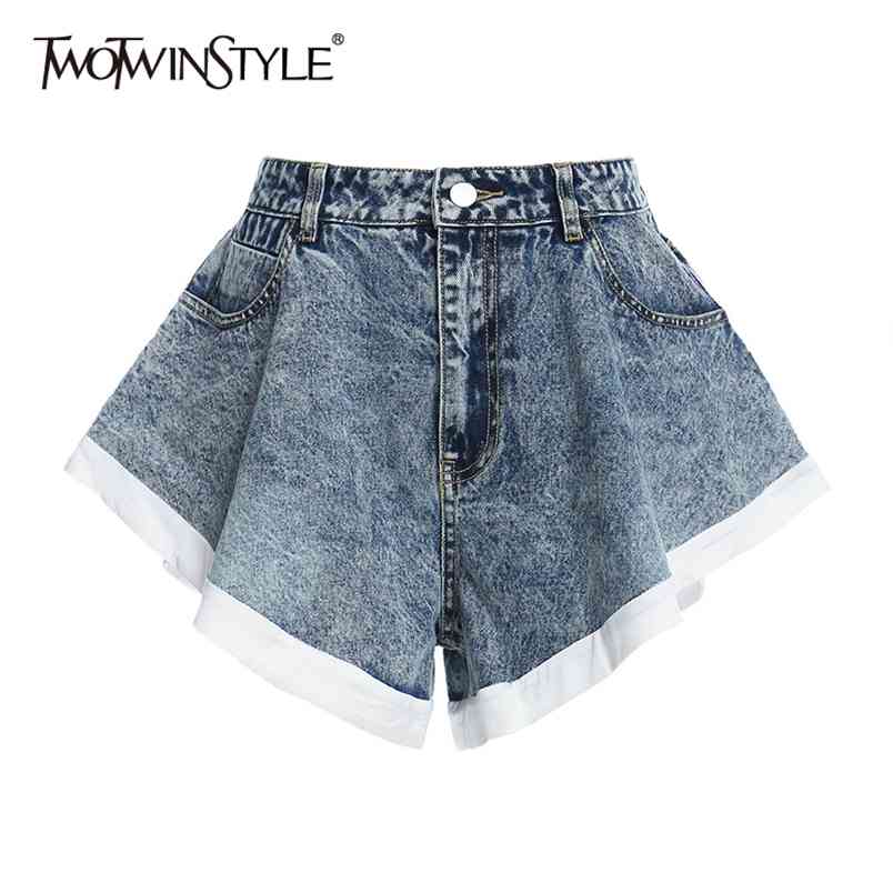 

TWOTWINSTYLE Elegant Women Denim Shorts High Waist Patchwork Hit Color Ruffles For Female Fashion Clothes Summer 210708, Blue