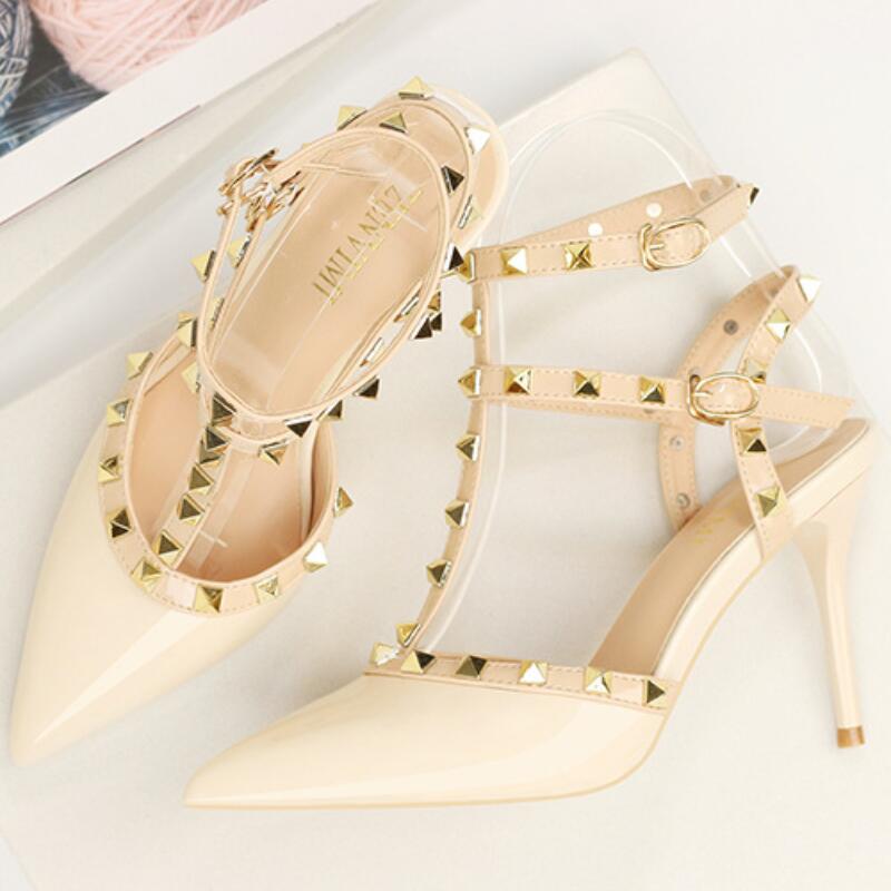 

fashion women pumps patent leather spikes Rivets point toe high heels thin heel sandals genuine lady sexy party shoes, Bronze