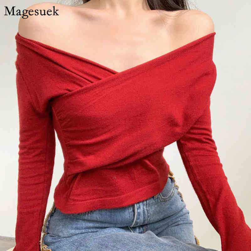 

Spring Cross Knitted Solid Women Shirt Blouse Casual Long Sleeve Shirts Tops Slash Neck Short Sexy Corset Top Blouses 12680 210518, Black