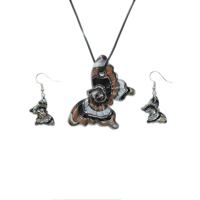

Earrings & Necklace Black Butterfly Glass Earring Set Fashion Pendant Jewelry, Silver