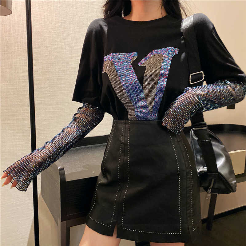 

fashion Colorful Rhinestones Letter T Shirts Women Streetwear casual O Neck Beading Sleeve Female T-Shirt 210526, Black