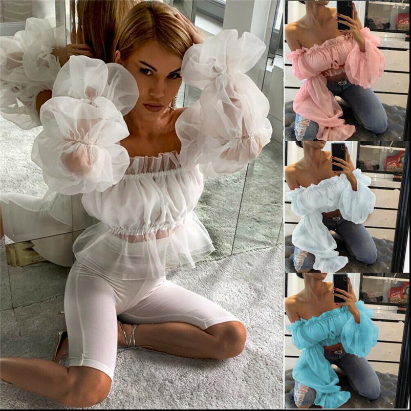 

off shoulder ruffles womens tracksuits mesh sheer crop shirt short blouse lace elegant, Gray