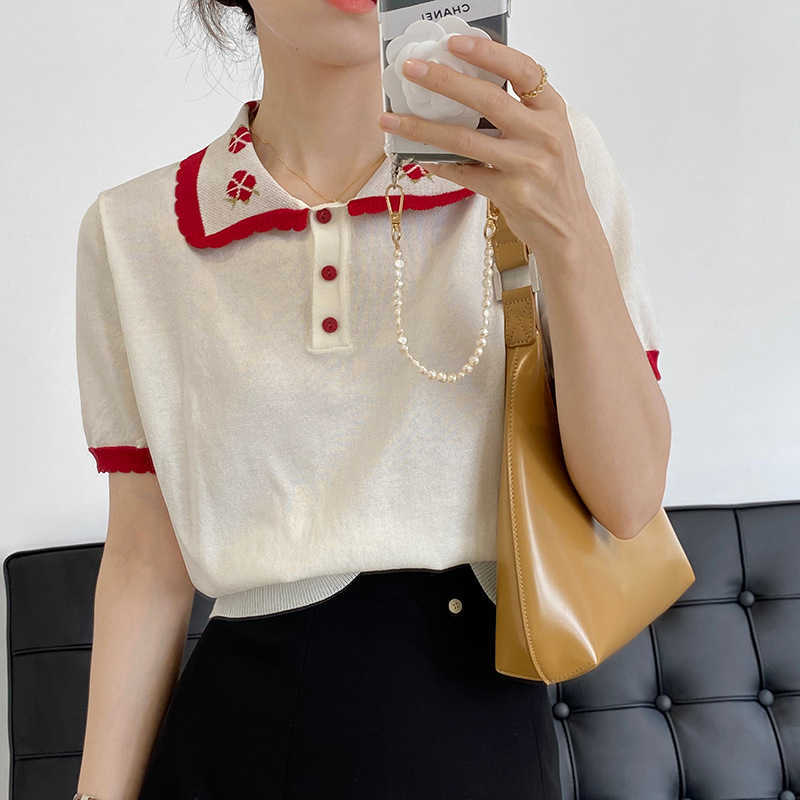 

Retro Lapel Flower Ice Silk Short Sleeve Sweater Tshirt Women Summer Casual Knitted Tee Tops Female YL330 210607, Sky blue