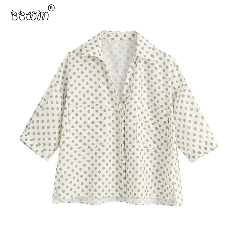 

Women Sweet Fashion Polka Dot Cropped Blouses Vintage Short Sleeve Side Vents Shirts Girl Chic Tops 210520, As picture
